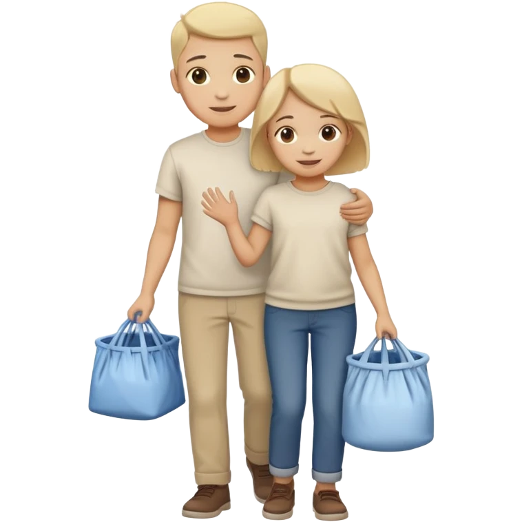 child carrying laundry with a parent, happy and responsible emoji