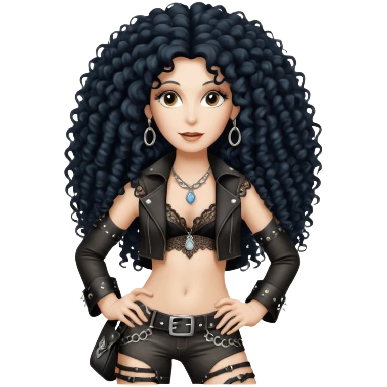 realistic cinematic singer Cher in a typical rocker's attractive outfit with leather and lace, half-naked, huge curly hair like in the video If I Could Turn Back Time emoji