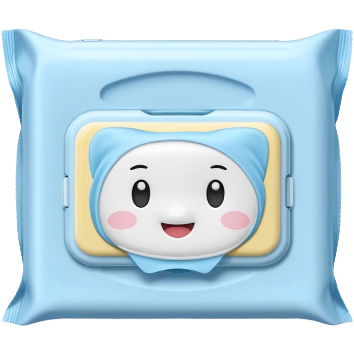 soft pastel blue rectangular pack of baby wipes, slightly puffed, semi-open plastic lid, one white wipe pulled out, no branding or extra design, soft lighting, subtle shadows, emoji scale emoji