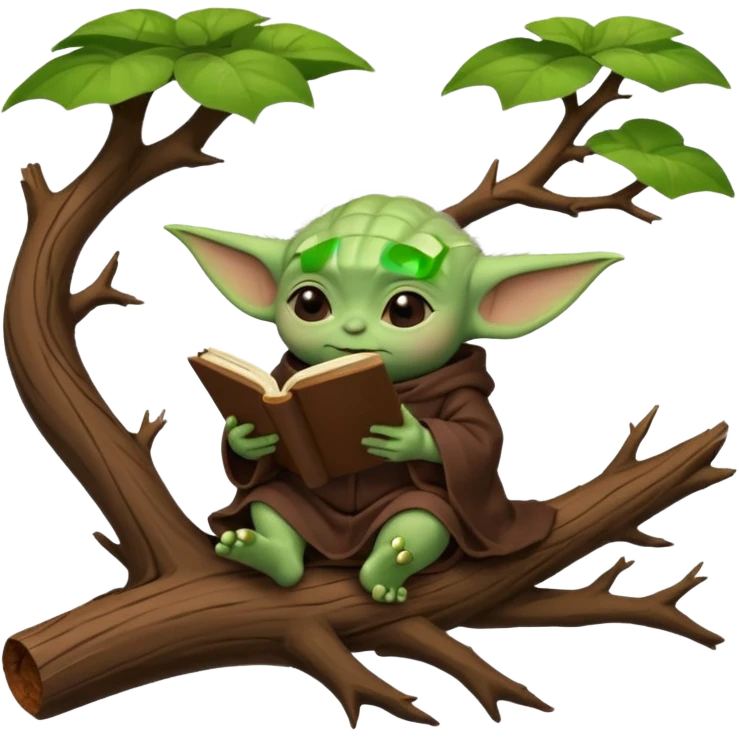 Baby Yoda con su tunica chocolate leyendo en un bosque sentado en una rama caida de un arbol emoji