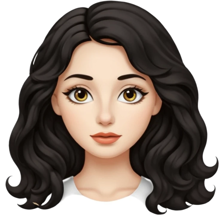 persona mujer con piel clara y ondas color negro y largos  y sin volumen y con delineador en los ojos y con los labios medianos, ojos almendrados y nariz respringada y el fondo blanco  emoji