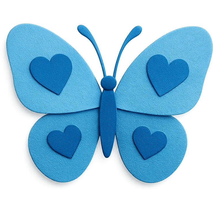 blue butterfly with blue hearts on its wings, paper craft style emoji
