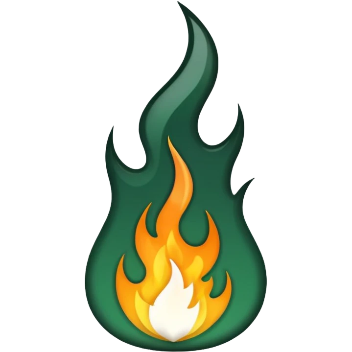 dark green and white flame in abstract flame shape, no other colors, transparent background, emoji style emoji