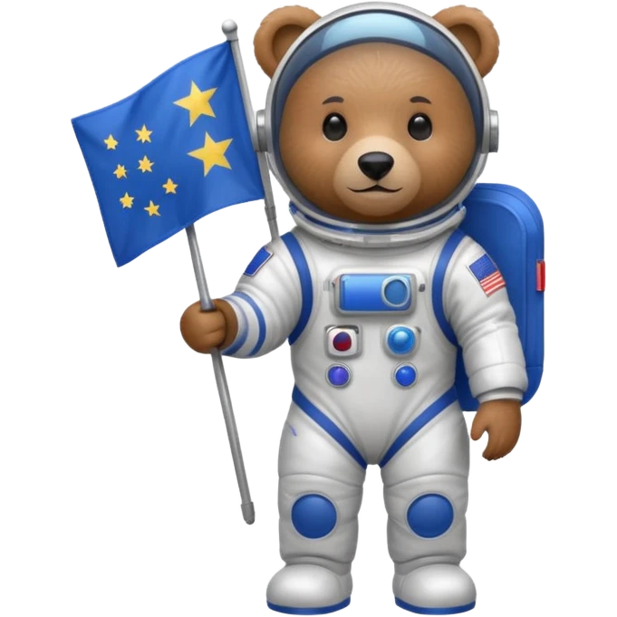Brown bear in space suit, holding blue rectangle flag emoji