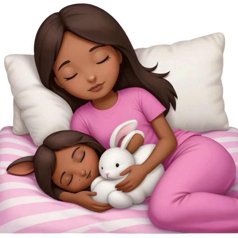 create a brown skin girl with long straight dark brown hair wearing a pink t shirt sleeping on a white blanket with her stuffed rabbit plushie next to her  emoji