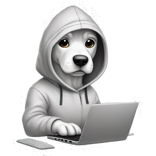 Dog wearing hoodie typing in keyboard. Line drawing emoji