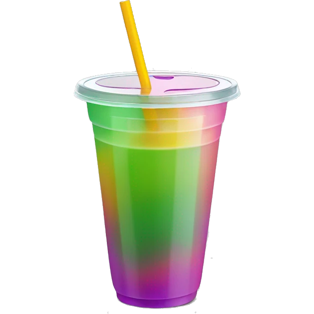 Realistic plastic domed lid cup with one colorful straw and juice with ice inside of the cup. emoji