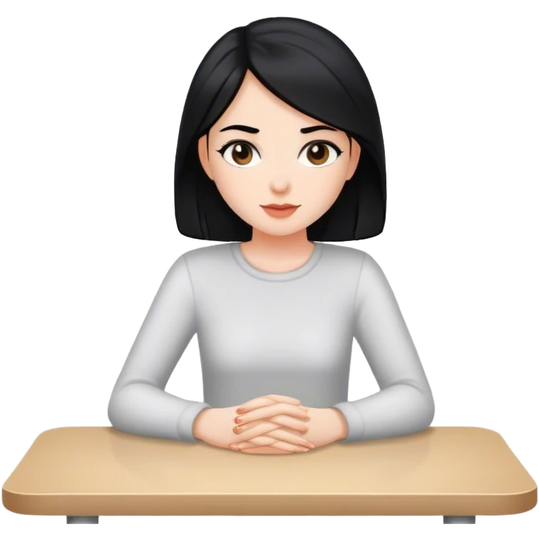 white girl sitting at table black hair  emoji
