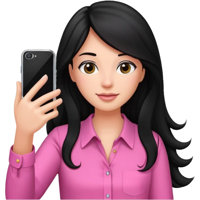 black long haired woman with pink blouse holding her phone having selfie emoji