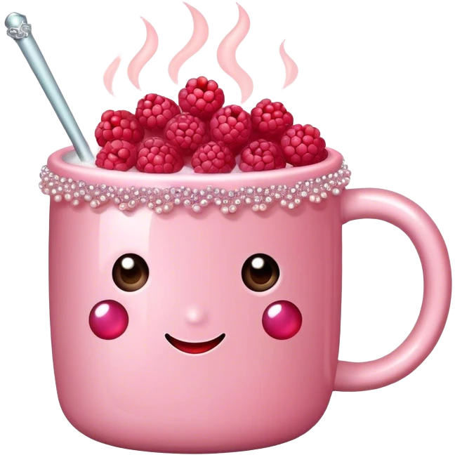 soft pink mug filled with steaming hot raspberry tea, decorated with blush pink pearl and sparkly embellishments (aesthetic, cute) emoji