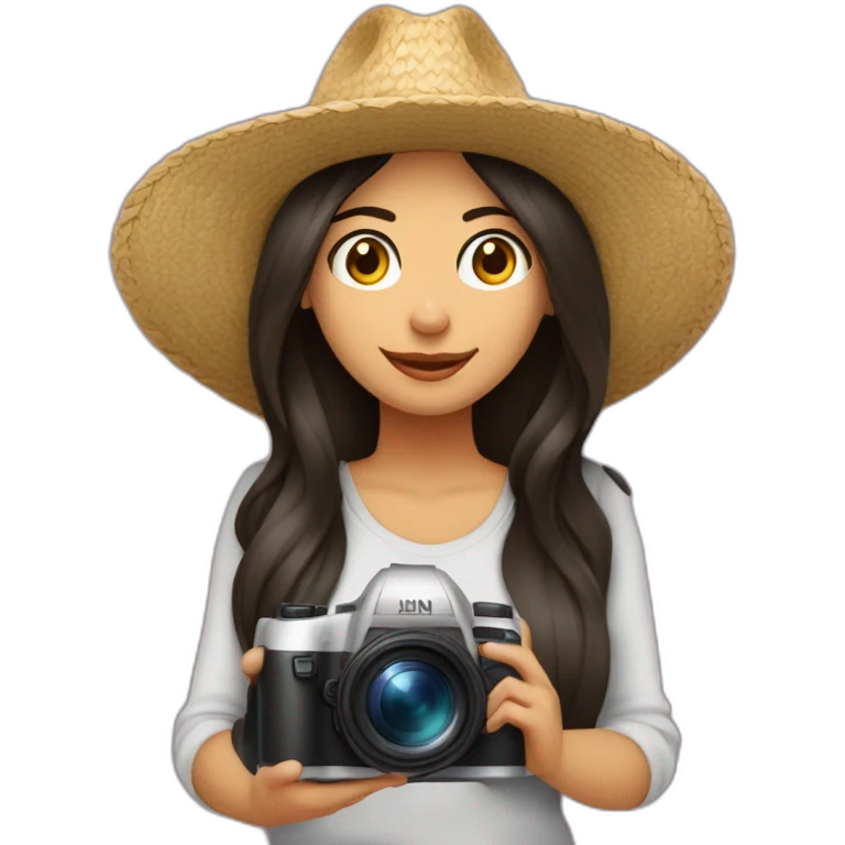 Mujer morena cabello largo con sombrero con cámara de fotos  emoji