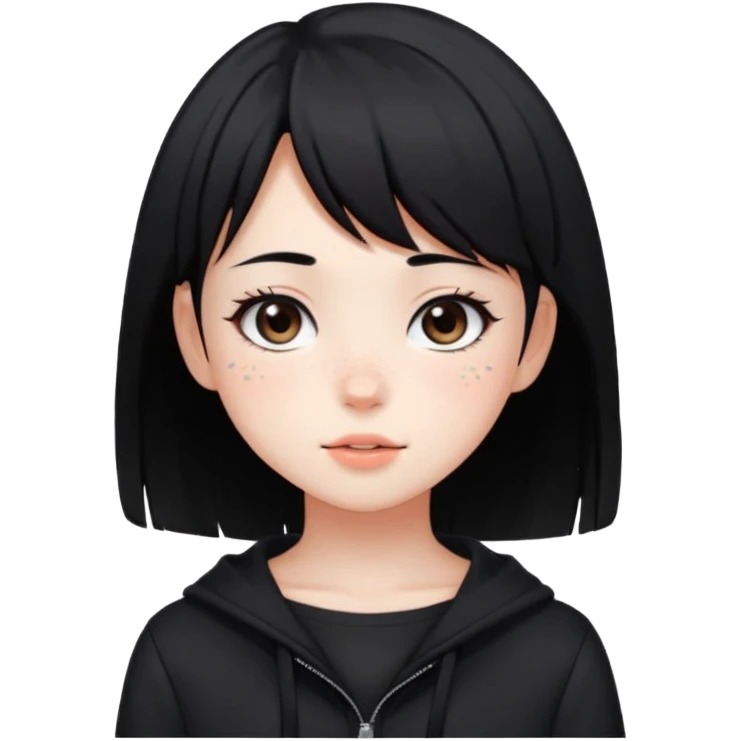 Cute anime girl in dark tones with a blushing face and freckles, with short black hair, and a dark trend style emoji