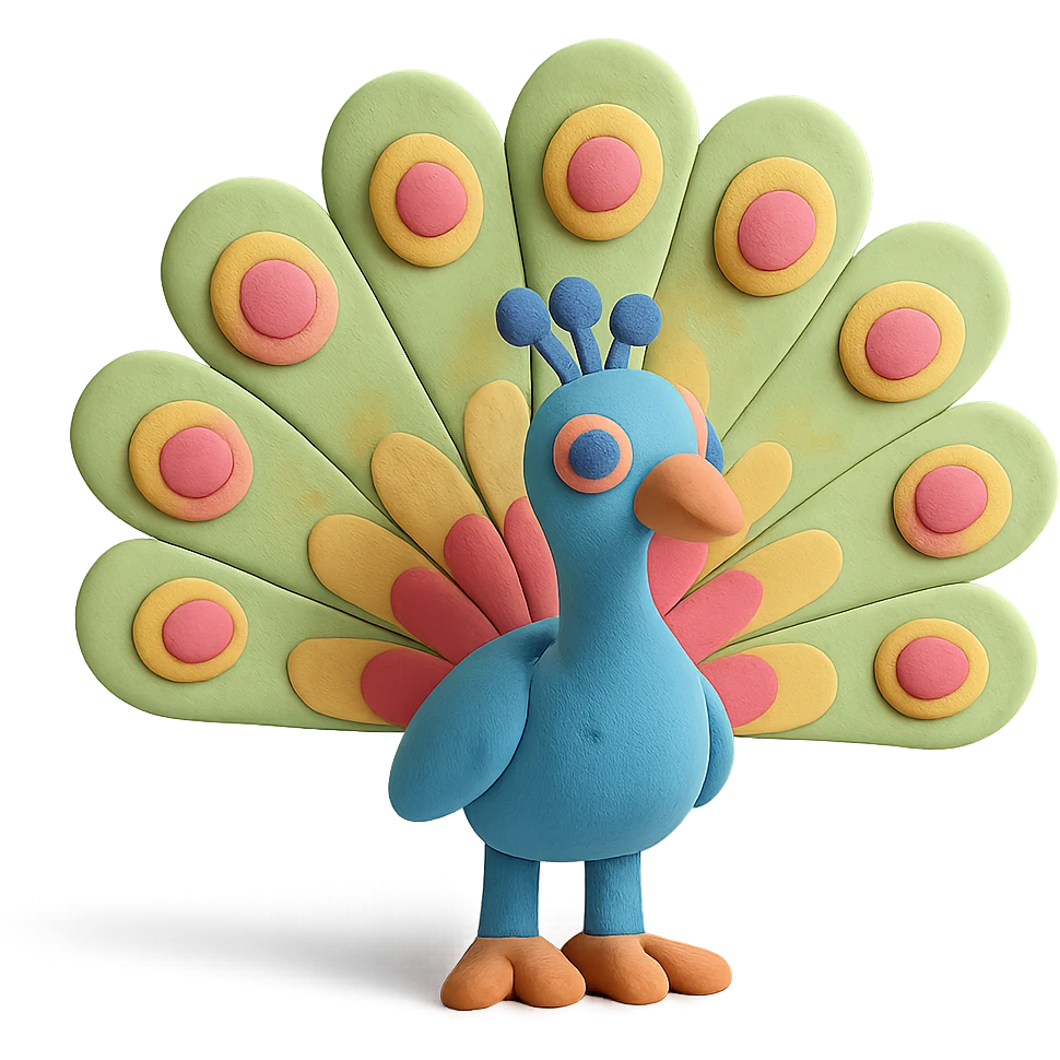 peacock with fanned colorful feathers, visible fingerprints, pastel colors, claymation style emoji