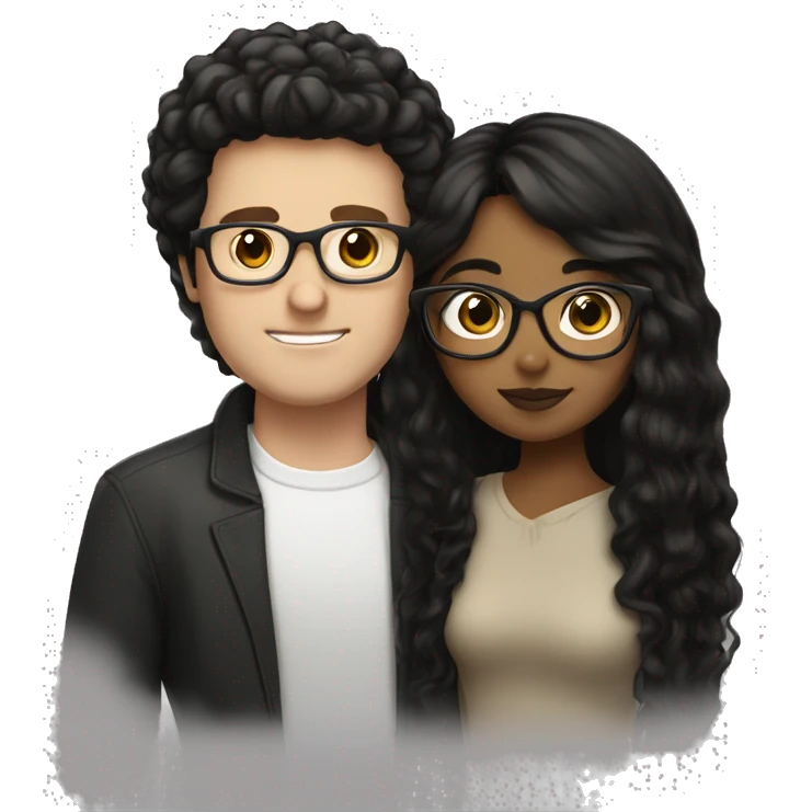 White guy with fluffy black hair kissing Mexican light brown girl with black straight hair and white glasses emoji
