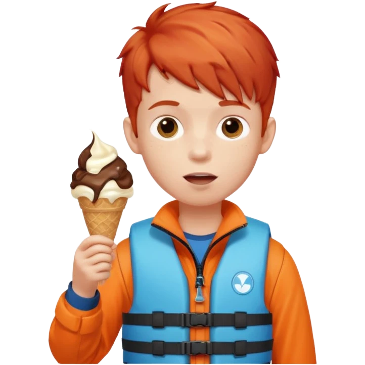 boy kid red haired wearing lifejacket, eating ice cream emoji