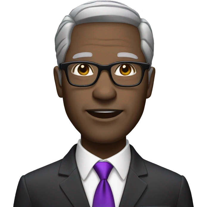 African American Man in His 60s wearing Wearing a tailored black suit with a purple tie and pocket square, short gray hair, glasses. emoji