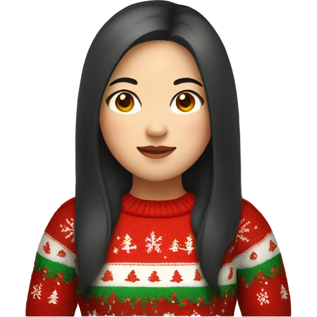 Chubby Asian girl with long dark hair wearing Christmas sweater emoji