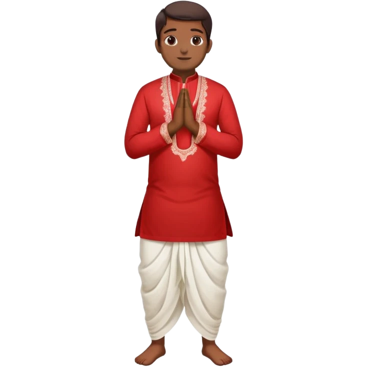 Full body Bengali man wearing traditional red kurti and white dhoti with hands joined in prayer position emoji