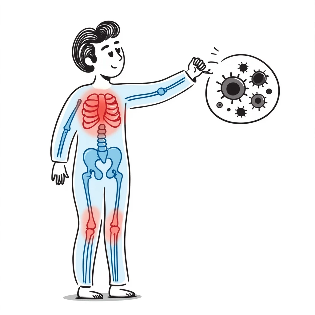 Medical illustration of anti-inflammatory process: transparent human body with highlighted joints, cool blue healing energy neutralizing red inflammation areas, small circular inset showing immune cells becoming calm, clean clinical style with soft futuristic background emoji