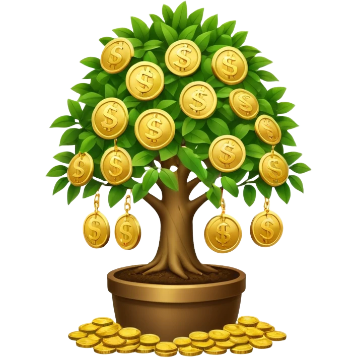 large flourishing money tree with abundant coin and bill leaves, representing magic of compounding and financial growth, clear modern emoji style emoji