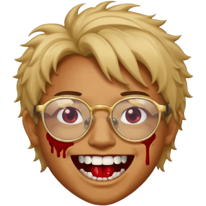 Cabelo bagunçado com oculos sorrindo com metade do rosto com dente de ouro e saindo sangue da boca  emoji