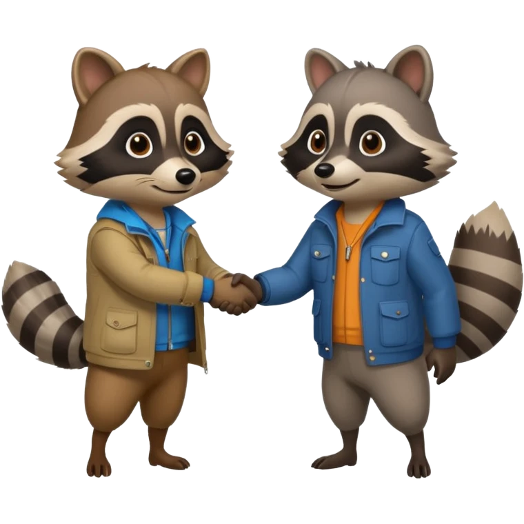 person and racoon standing full body looking at each other and giving a hand shake. cartoon style emoji