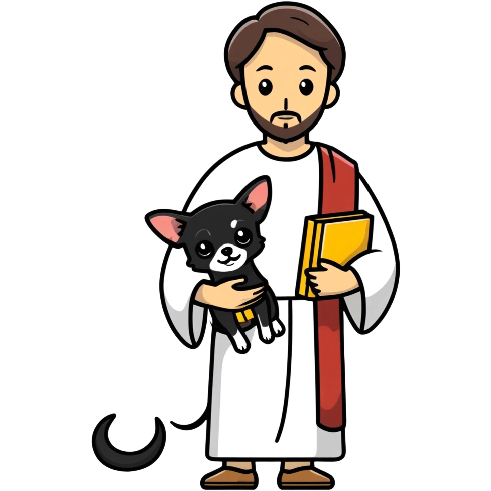 Jesus looking man with black chihuahua emoji