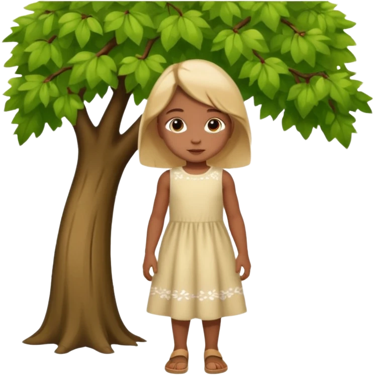 put a standing girl under the tree make the girl small so that it seems like she is covering under the tree emoji