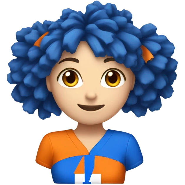 Caucasian Cheerleader with orange and blue Pom poms  in her hands and a “K1” on Uniform emoji