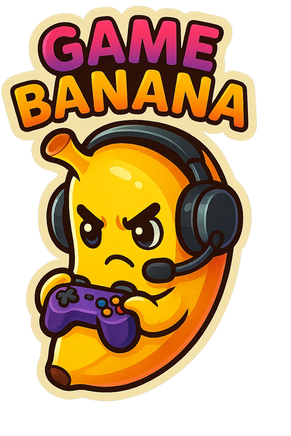 Cartoon banana wearing headset, holding tiny controller, focused expression, text above: "NE BANANA", chibi style, Twitch emoji style, transparent background, colorful emoji