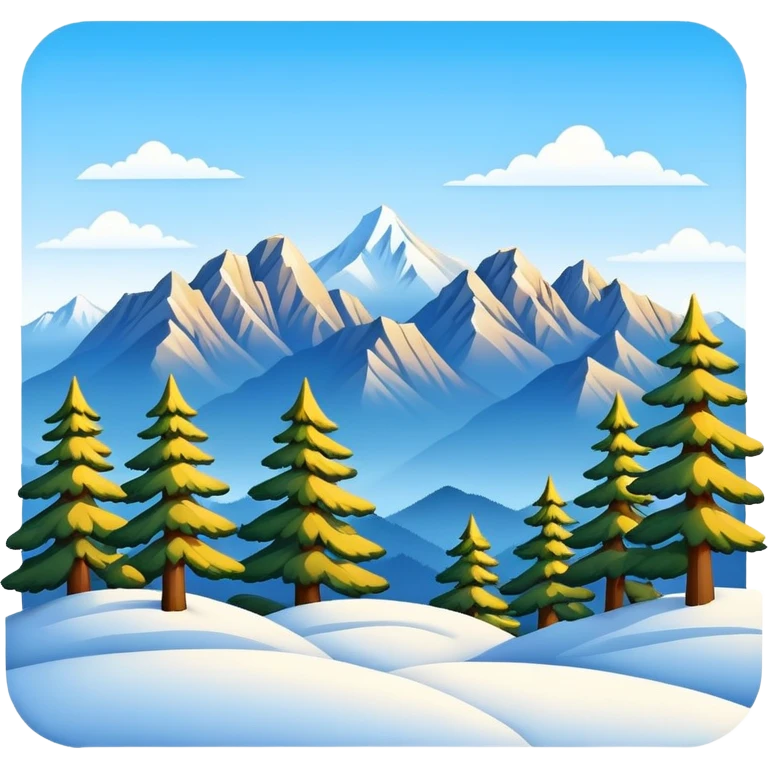 Huangshan Yellow Mountain winter snow peaks with pine trees, simplified emoji style with bold outlines and bright colors, cartoon style snowy mountains emoji