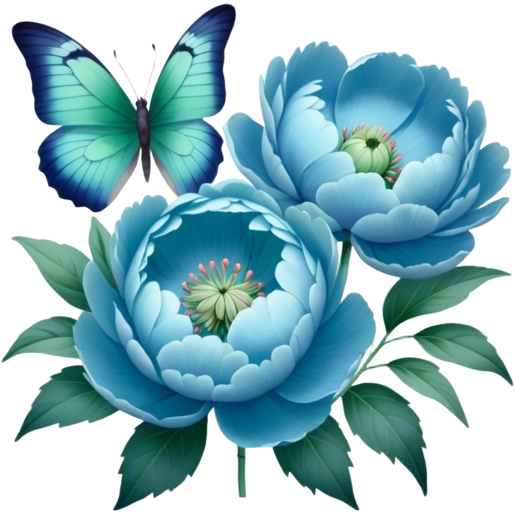 A soft pastel-toned painting of blue peonies and a green butterfly, inspired by vintage floral art. emoji