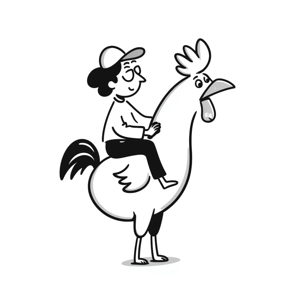 hilarious chicken jockey meme, person riding giant chicken like a jockey, comical, silly internet meme emoji