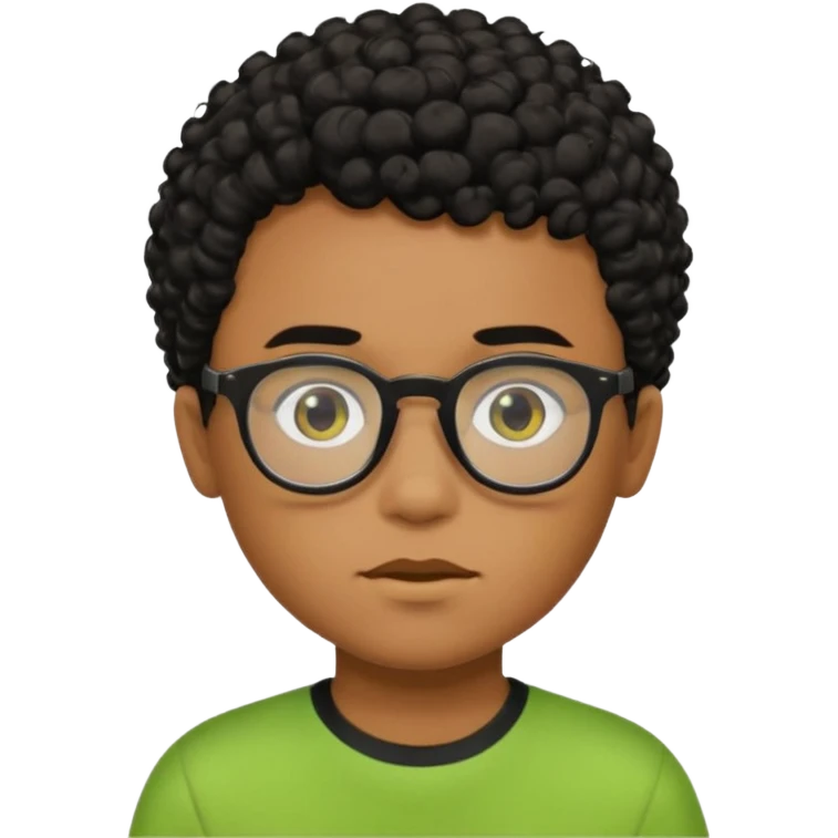 Menino pardo com cabelo curto cacheado preto raspado dos lados, de óculos preto e blusa verde e amarela emoji