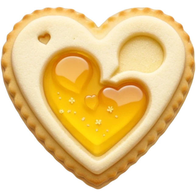 Realistic shortbread cookie in the shape of a heart with yellow pastel jelly middle filling and sprinkled powder sugar on top. emoji