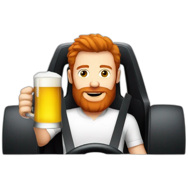 Man with a red beard drinking beer and driving a f1 car emoji