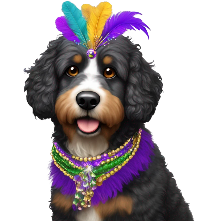 Bernedoodle dressed for Mardi Gras emoji