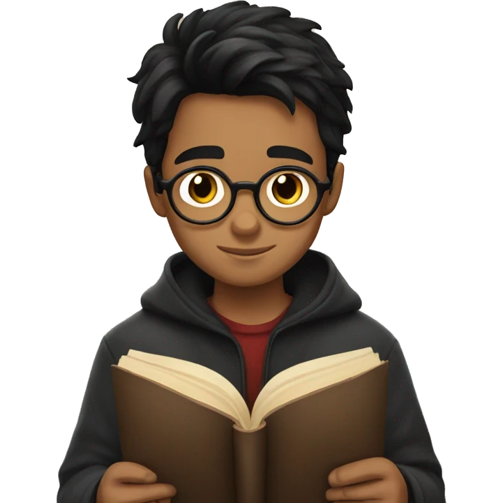 Boy with dark hair reading Harry potter emoji