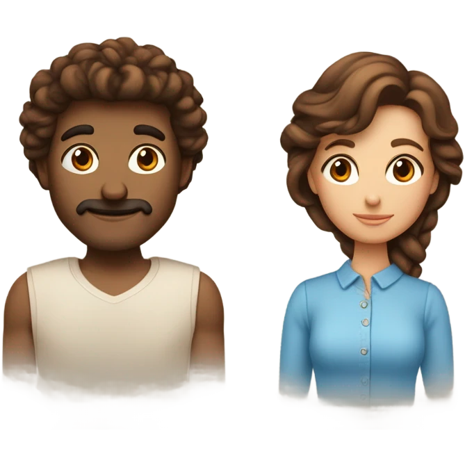 Couple qui se fait un câlin La femme est brune, cheveux lissés Les yeux marrons et l’homme a les cheveux châtains bouclés et les yeux bleus emoji