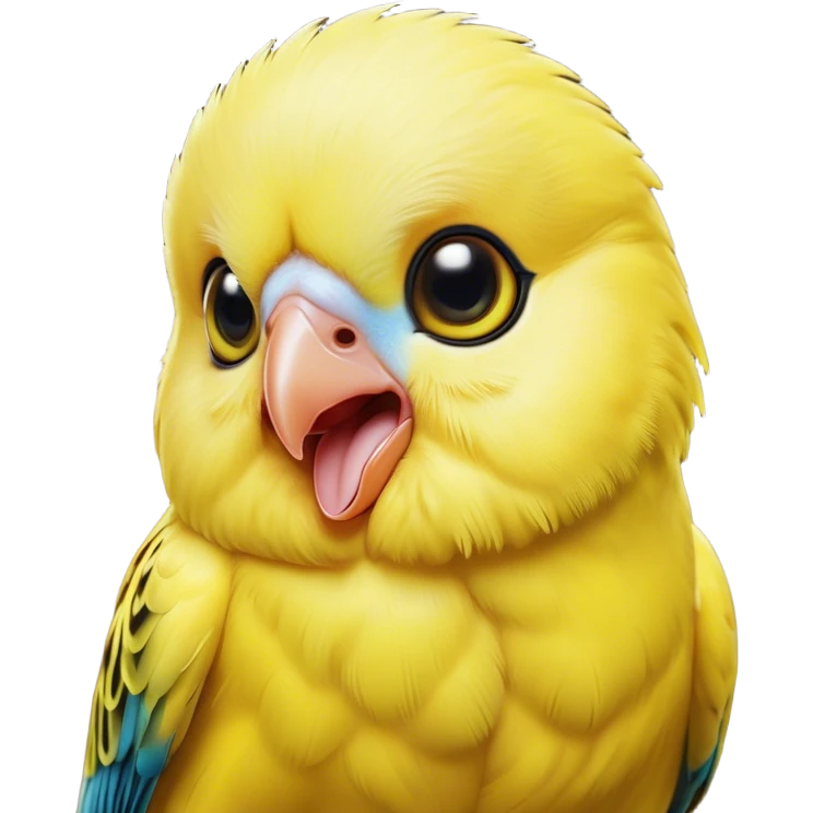 Cinematic Comical Yellow Budgie Portrait Emoji, Head tilted dramatically with an exaggeratedly amused expression, featuring a striking yellow feathered fur with a glossy finish, wide, expressive dark eyes filled with playful disbelief, Simplified yet hilariously expressive features, highly detailed, glowing with a slightly sassy glow, high shine, dramatic yet playful, stylized with an air of cheeky mischief, bright and endearing, soft glowing outline, capturing the essence of a spirited and over-the-top budgie, so meme-worthy it feels like it could side-eye its way into internet fame instantly! emoji