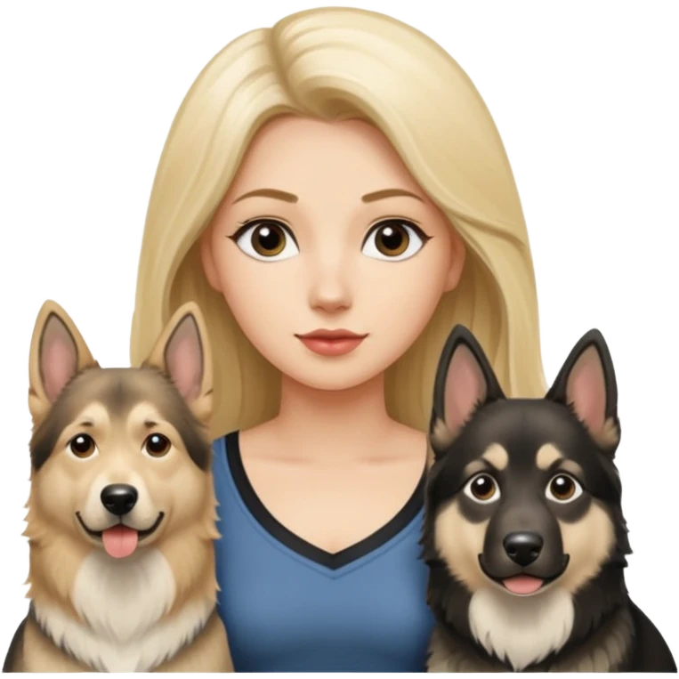 a lady, blonde long hair with 2 german shepards and one black and white alaskan malanute emoji