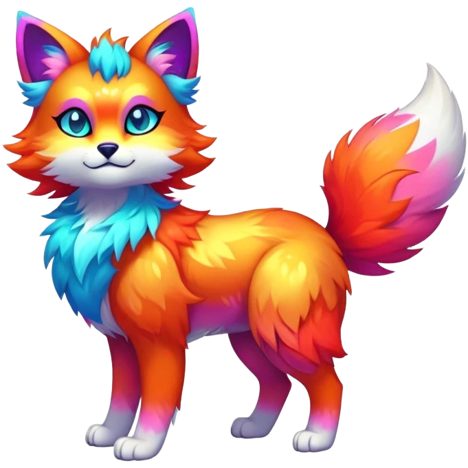 Vibrant multicolored neon-colored Falvie-Fionbri-creature-sparkle-feline-canine-hybrid-fursona, full body emoji