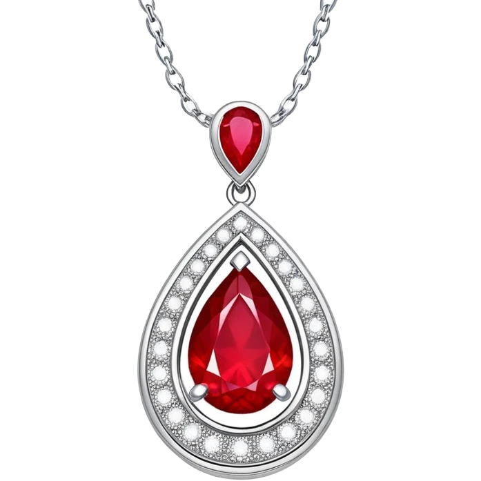 teardrop ruby pendant with a silver chain and shimmering white stones, glowing fiery red emoji