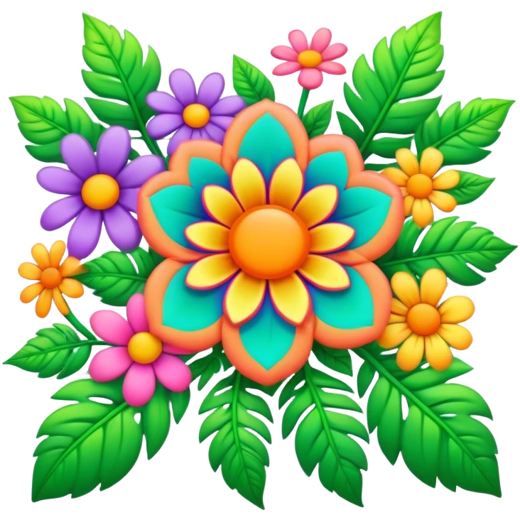 3D, psychedelic colored hippie style flower border with leaves emoji