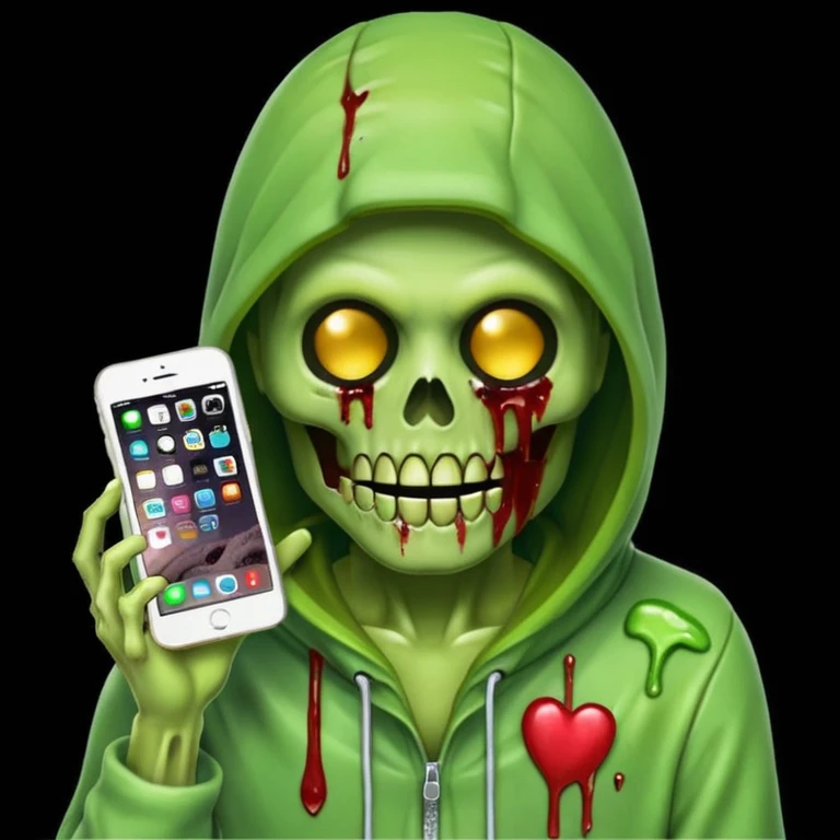 Grande faucheuse façon emoji iPhone, visage sombre mi-zombie mi-squelette, slime vert, billets de 100$ intégrés dans la capuche ou autour, tient une faux, fond blanc, effrayant, sans animal ni humain, composition centrée pour photo de profil emoji