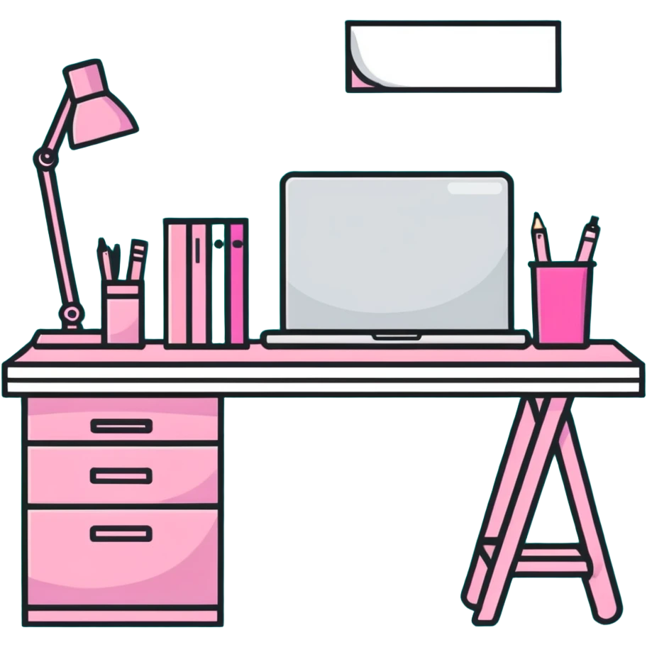 pink office desk with supplies emoji