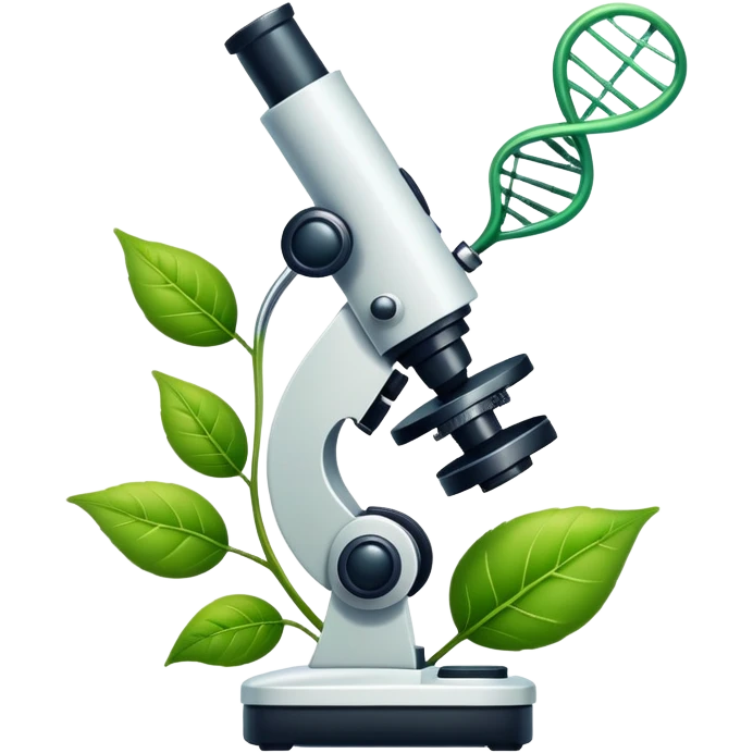 An icon featuring a DNA strand, a microscope with visible cells, and a green leaf, symbolizing biology. The design includes animal cells, plant structures, representing the study of living organisms and ecosystems. Transparent background highlights life sciences and biological research. emoji
