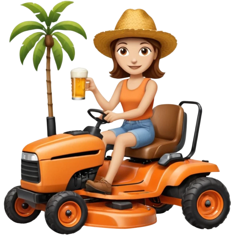 White woman with brown hair, without glasses wearing a straw hat, on old orange ride on lawn mower, holding a beer with one hand and holding the steering wheel with the other hand. Woman is smiling.  emoji