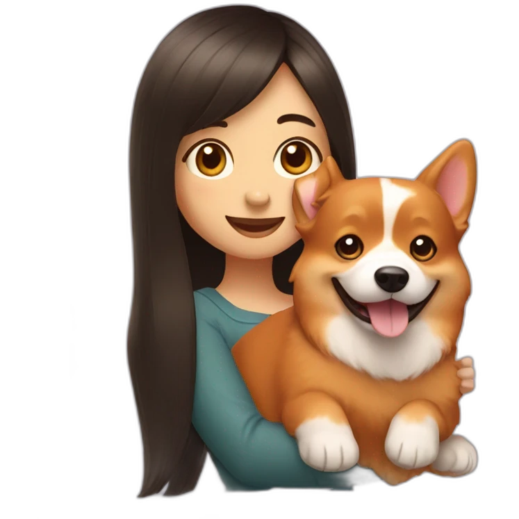 Girl with long dark hair and bangs holding happy red corgi dog emoji
