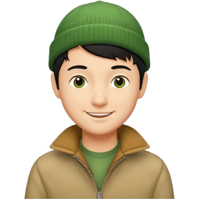 young man with longish pixie cut black hair, tan complexion, green beenie hat, tan jacket, pork chop sideburns emoji